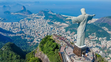 Aerial view of the Christ Redeemer statue and Corcovado Mountain in Rio de Janeiro, Brazil