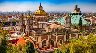 Mexico City cityscape of new and old basilicas