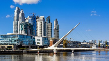 Waterfront in Puerto Madero with the Puente de la Mujer, Buenos Aires, Argentina.
