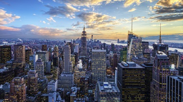 Skyscrapers dot the skyline of Manhattan.