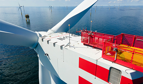 Close up of one of Nordsee One offshore wind farm wind turbines