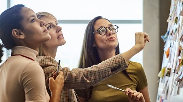 Three business women looking up at a board covered in Post-it notes.