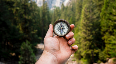 Male hand holds compass with thick forest in background.