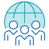 Image de trois personnes devant un globe représentant les pratiques exemplaires ESG que suit EDC et les engagements internationaux.