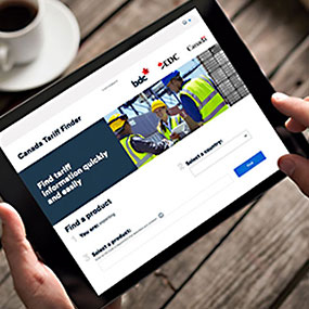 Tablet screen with Canada's Tariff Finder application