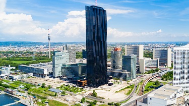 Aerial panoramic view of Danube City in Vienna, Austria