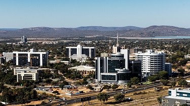 Vue aérienne du quartier des affaires de la ville de Gaborone, au Botswana