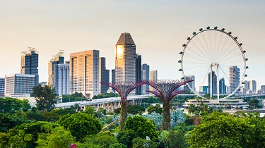Vue sur la ville de Singapour avec l’OCBC Skyway et le parc Gardens by the Bay, avec des gratte-ciel en arrière-plan