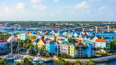 Daytime aerial view of colourful buildings in Nassau, Bahamas