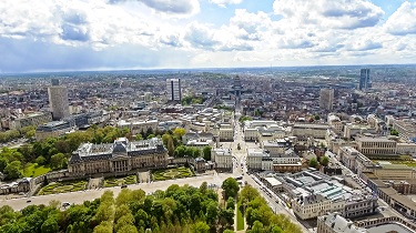 Aerial view of Brussels, Belgium, featuring the Royal Palace of Brussels.