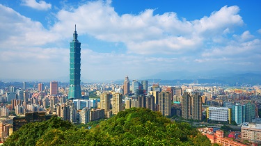 Blue skies over modern Taipei, Taiwan, skyline.