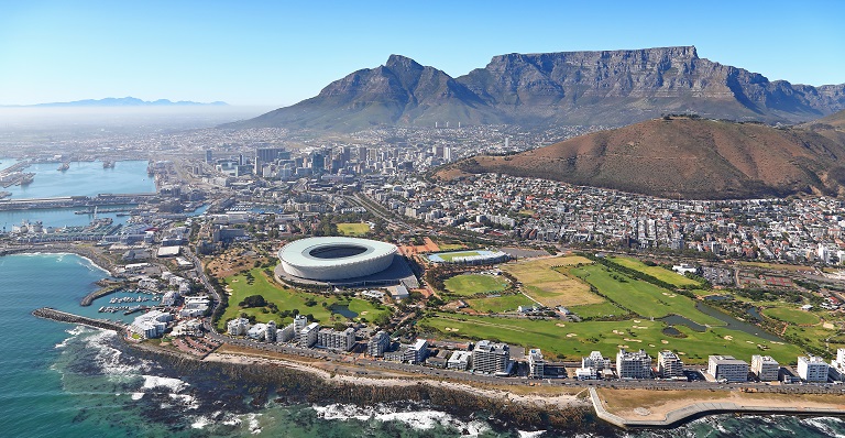 Aerial view of Cape Town, South Africa and Table Bay Harbour.
