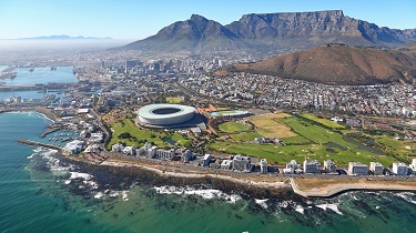 Aerial view of Cape Town, South Africa and Table Bay Harbour.
