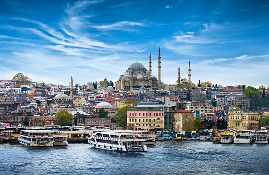 Ferry boats dock at Istanbul’s busy central marketplace