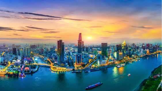 Panoramic of Ho chi minh city at twilight in Vietnam.