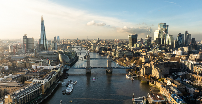 Aerial view of London and Tower Bridge.