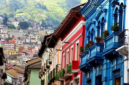 A row of colourful homes in Quito, Ecuador.