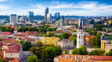 Aerial view of the old town and the modern center of Vilnius, Lithuania