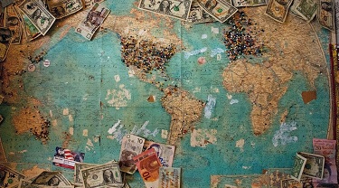 Different currencies are displayed on a world map.