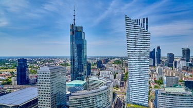 Warsaw city skyline overlooking the city center and suburbs from a high angle view from the top of the science center, Warsaw, Poland, Europe