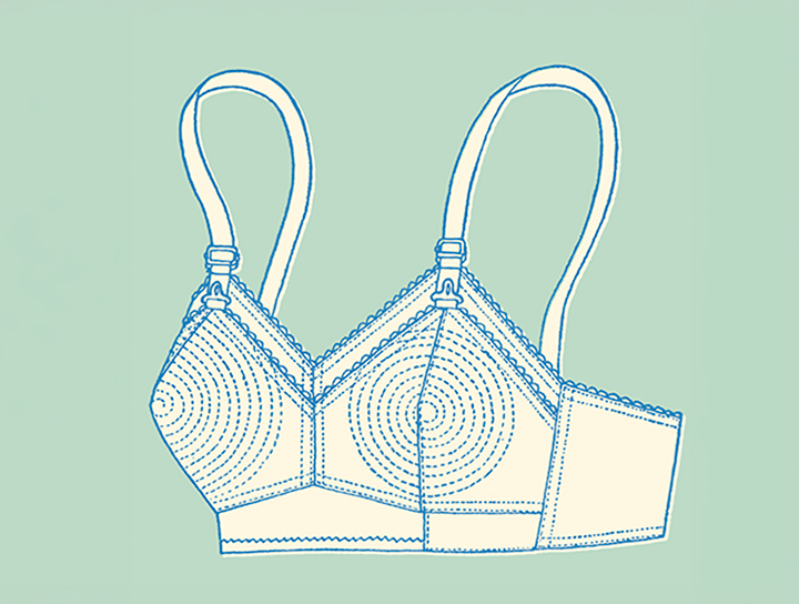 Illustration au trait d'un soutien-gorge structuré des années 1960, avec bretelles et détails cousus.