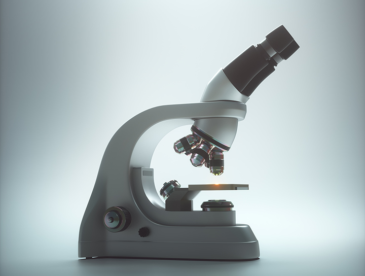 Microscope électronique à balayage sur un fond gris et propre.