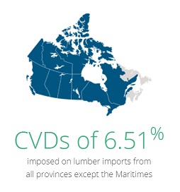 CVDs of 6.51% imposed on lumber imports from all provinces except the Maritimes.