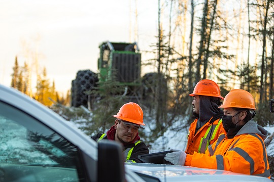 Three Indigenous forestry workers wearing orange hardhats look at a tablet placed on the hood of a white truck.