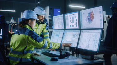 A woman and a man wearing white hard hats and yellow jackets look at data on six computer monitors in a factory.