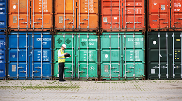 An inspector stands in front of large shipping containers in different colors