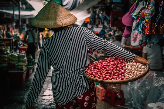 Femme porte un panier de légumes