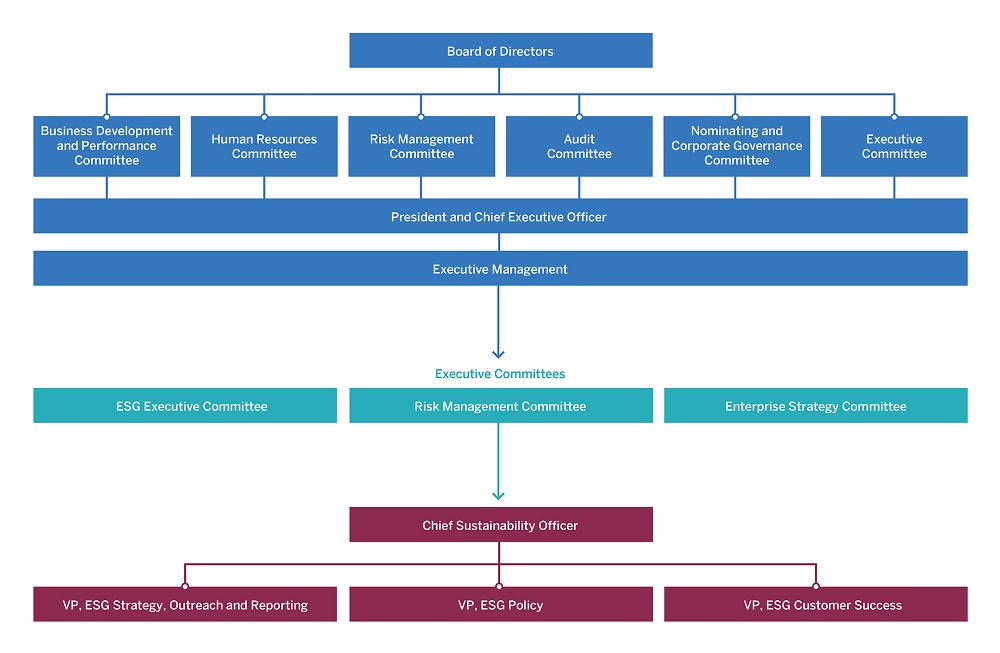 Graphic of EDC’s ESG governance structure illustrating Board of Directors, Board committees, President and CEO, Executive Management team, Executive committees, Chief Business Office, Chief Corporate Sustainability Officer and Corporate Sustainability Group leads.