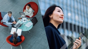 Split-screen image group of people having a meeting around a table (left) and a young Asian businesswoman looking ahead with a smile, holding a smartphone (right).