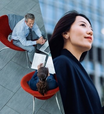 Split-screen image group of people having a meeting around a table (left) and a young Asian businesswoman looking ahead with a smile, holding a smartphone (right).