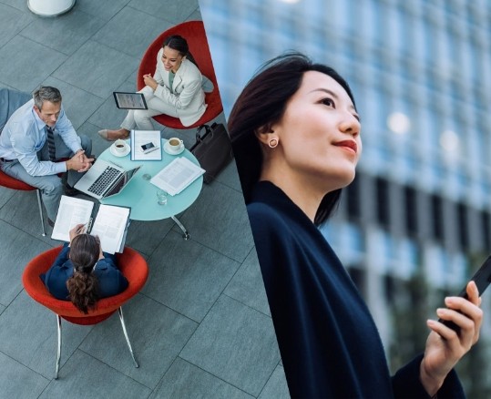 Split-screen image group of people having a meeting around a table (left) and a young Asian businesswoman looking ahead with a smile, holding a smartphone (right).