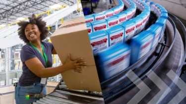 Split-screen image of a woman collecting boxes at the bottom of a sorting chute and pushing them along an extendable conveyor belt towards a truck loading dock for delivery (left) and boxes on a conveyer belt (right).