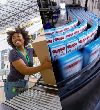Split-screen image of a woman collecting boxes at the bottom of a sorting chute and pushing them along an extendable conveyor belt towards a truck loading dock for delivery (left) and boxes on a conveyer belt (right).