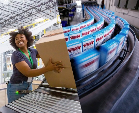Split-screen image of a woman collecting boxes at the bottom of a sorting chute and pushing them along an extendable conveyor belt towards a truck loading dock for delivery (left) and boxes on a conveyer belt (right).