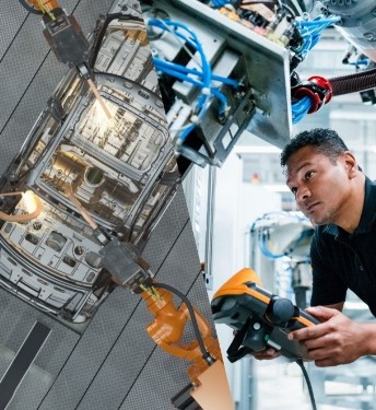 Split-screen image of an assembly line of robots welding a car body (left) and an engineer operating a robotic arm (right).
