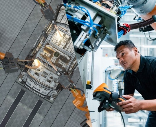 Split-screen image of an assembly line of robots welding a car body (left) and an engineer operating a robotic arm (right).
