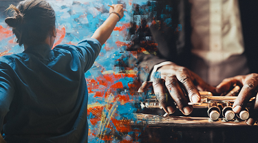 Photo collage of a female artist painting on a large canvas and a man's hands holding a musical instrument.
