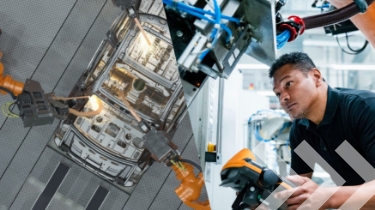 Split-screen image of an assembly line of robots welding a car body (left) and an engineer operating a robotic arm (right).