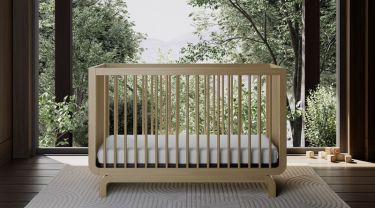 A wooden baby crib on a white carpet in a bedroom, with play blocks in the corner and a large window showing trees.
