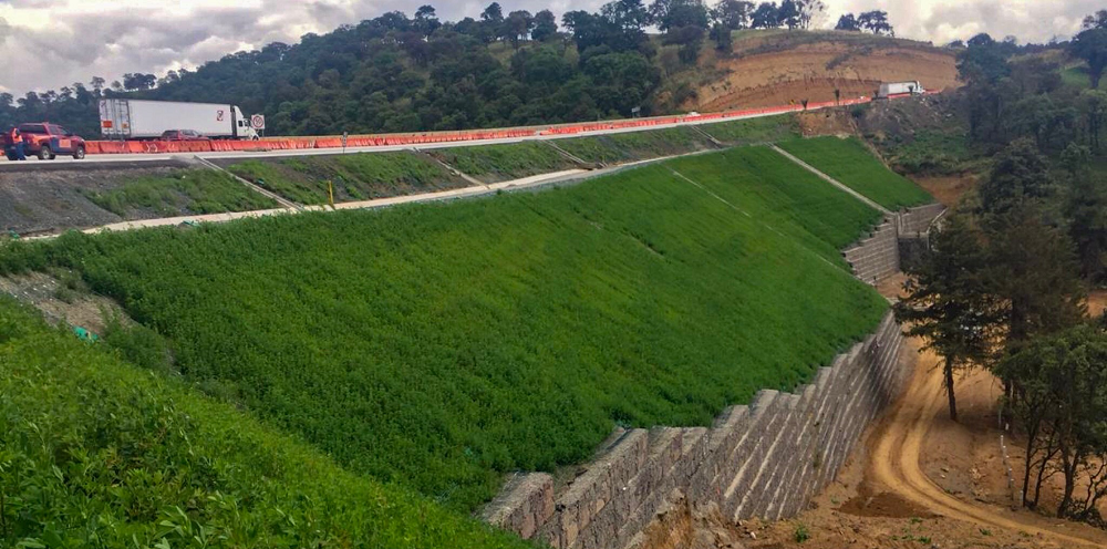 Side of the road with a deep ditch showing where ECBVerdyol’s product has been implemented.