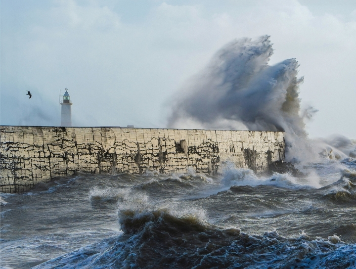 Des vagues s’écrasent sur le brise-lames du port de Newhaven pendant une tempête, projetant des embruns dans les airs.