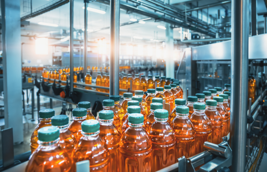 A long line of plastic bottles moving along a production line in a factory