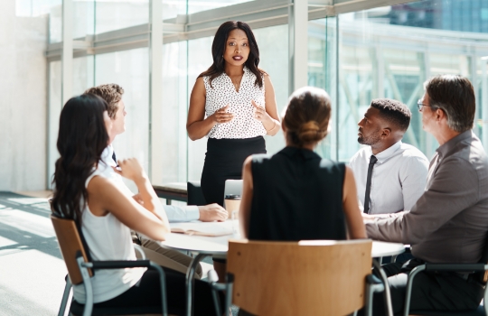 Woman standing at a business meeting presenting to her her colleagues in a modern office.