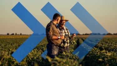 Des professionnels de l'agriculture discutent des récoltes dans un champ verdoyant au coucher du soleil; des flèches bleues marquant un mouvement vers l'avant symbolisent la croissance et le progrès.