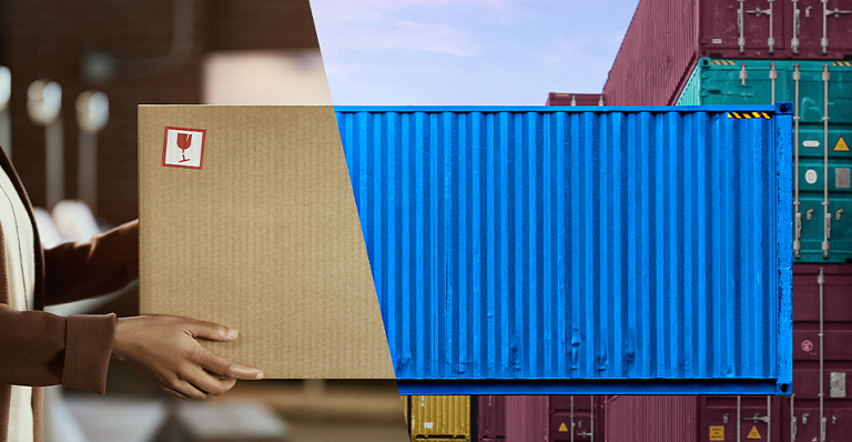 Split image – On the left, a person is holding a large cardboard shipping box. On the right, this box changes into a shipping container on a cargo ship. 