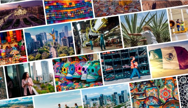 Mosaïque de villes mexicaines, gratte-ciel, crânes colorés, gens d’affaires, monuments et champs.